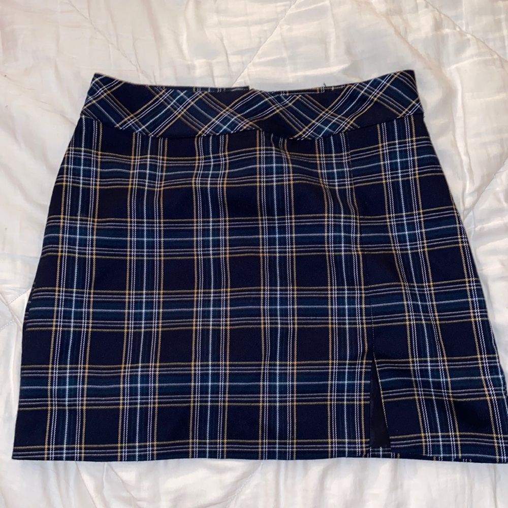 Plaid green, navy, white, and yellow mini skirt